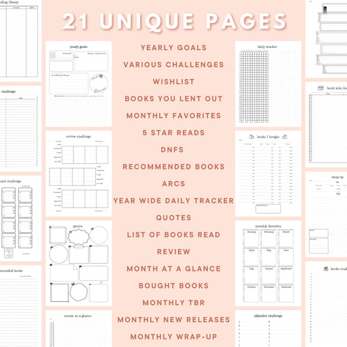 Printable Reading Journal - 21 pages, track books, reading challenges, review copies